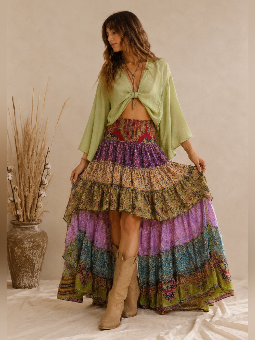 Boutique Boho Patchwork High Low Maxi Skirt Festival Western Style Free Size XL